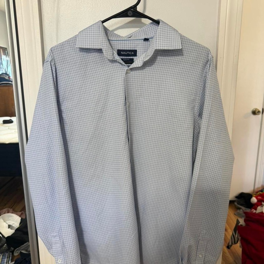 Nautica blue & white checkered slim fit dress shirt Size M